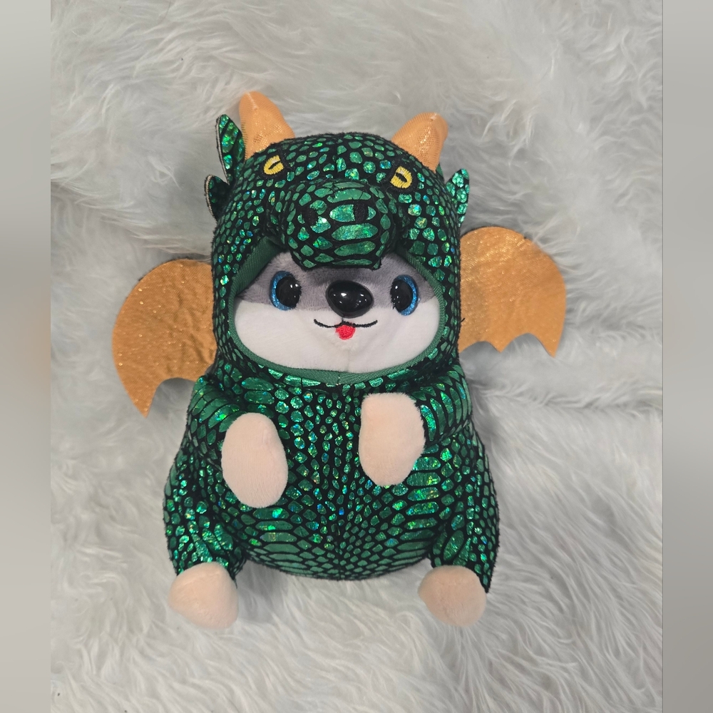 Plush Husky in Green Dragon Costume‎